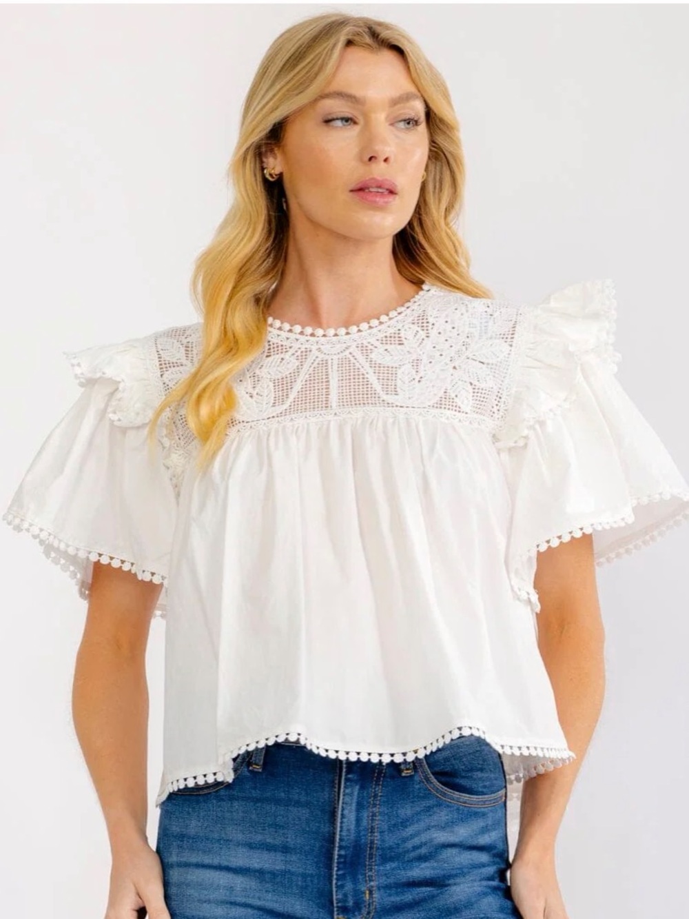 A469. White Lace Yoke Flutter Sleeve Women's Top